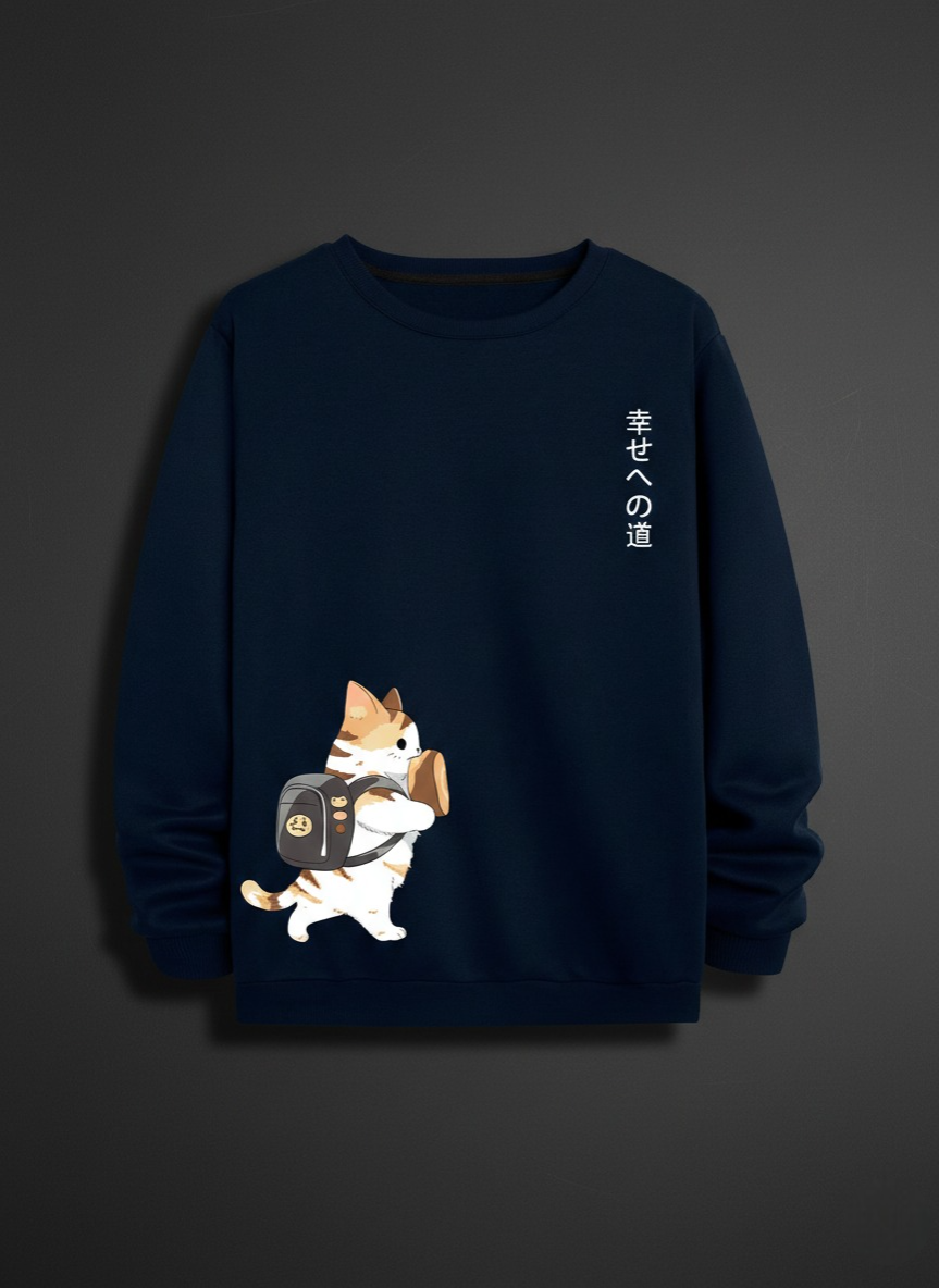 WhatsApp Image 2026-01-16 at 12.40.36 AM-Photoroom The Path to Joy Traveler Cat Crewneck Navy Blue - Image 1